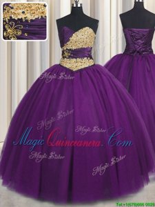 Pretty Purple Tulle Lace Up Sweetheart Sleeveless Floor Length Vestidos de Quinceanera Beading and Appliques