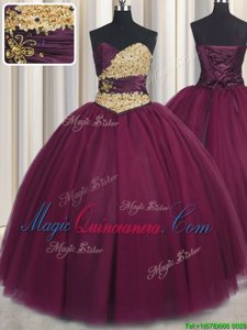 Floor Length Fuchsia Sweet 16 Dress Tulle Sleeveless Beading and Appliques