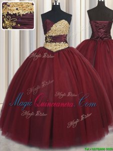 Traditional Wine Red Sleeveless Floor Length Beading and Appliques Lace Up Sweet 16 Dresses