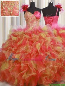 One Shoulder Handcrafted Flower Floor Length Lace Up Sweet 16 Quinceanera Dress Multi-color and In for Military Ball and Sweet 16 and Quinceanera with Beading and Ruffles and Hand Made Flower