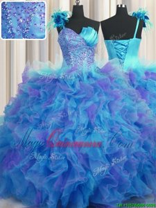 Handcrafted Flower Multi-color One Shoulder Lace Up Beading and Ruffles and Hand Made Flower Vestidos de Quinceanera Sleeveless