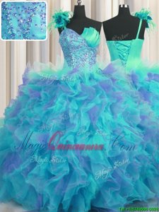Best One Shoulder Handcrafted Flower Floor Length Multi-color Quinceanera Gown Tulle Sleeveless Beading and Ruffles and Hand Made Flower