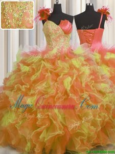High End Handcrafted Flower Multi-color Ball Gowns One Shoulder Sleeveless Tulle Floor Length Lace Up Beading and Ruffles and Hand Made Flower Vestidos de Quinceanera