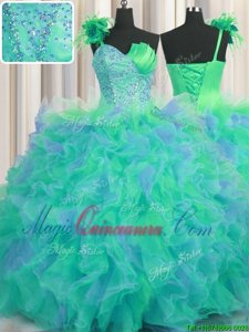 One Shoulder Handcrafted Flower Multi-color Sleeveless Floor Length Beading and Ruffles and Hand Made Flower Lace Up 15th Birthday Dress