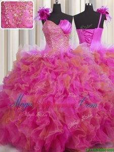 Luxury One Shoulder Handcrafted Flower Tulle Sleeveless Floor Length Ball Gown Prom Dress and Beading and Ruffles and Hand Made Flower