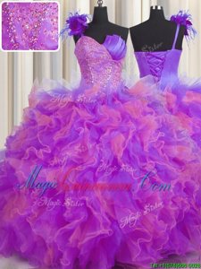 Luxury One Shoulder Handcrafted Flower Multi-color Sleeveless Floor Length Beading and Ruffles and Hand Made Flower Lace Up Ball Gown Prom Dress