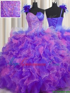 One Shoulder Handcrafted Flower Sleeveless Lace Up Floor Length Beading and Ruffles and Hand Made Flower 15th Birthday Dress
