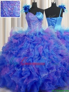 One Shoulder Handcrafted Flower Floor Length Ball Gowns Sleeveless Multi-color Quinceanera Gowns Lace Up