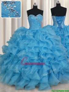 Sleeveless Floor Length Beading and Ruffles Lace Up Sweet 16 Dress with Baby Blue