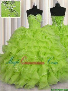 Yellow Green Sleeveless Floor Length Beading Lace Up Sweet 16 Dress