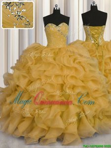 Custom Designed Gold Ball Gowns Organza Sweetheart Sleeveless Beading and Ruffles Floor Length Lace Up Sweet 16 Dress
