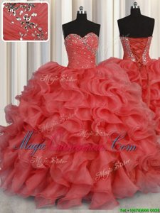 Flirting Coral Red Sleeveless Organza Lace Up Sweet 16 Dress for Military Ball and Sweet 16 and Quinceanera
