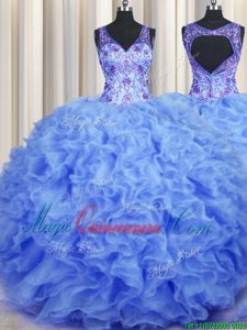 V Neck Sleeveless Floor Length Beading and Appliques and Ruffles Zipper Sweet 16 Quinceanera Dress with Blue