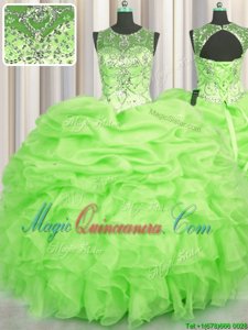 Custom Made See Through Organza Scoop Sleeveless Lace Up Beading and Ruffles and Pick Ups Sweet 16 Dresses in Yellow Green
