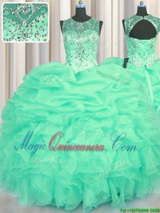 Clearance See Through Scoop Sleeveless Sweet 16 Dresses Floor Length Beading and Ruffles and Pick Ups Turquoise Organza