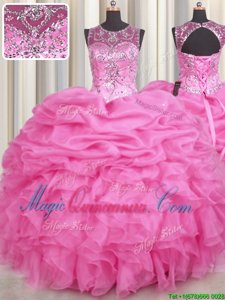 Latest See Through Scoop Sleeveless Lace Up Quince Ball Gowns Rose Pink Organza