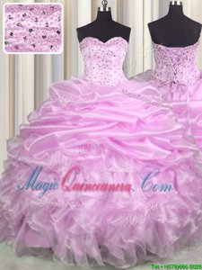 Lilac Lace Up Vestidos de Quinceanera Beading and Ruffles and Pick Ups Sleeveless Floor Length Brush Train
