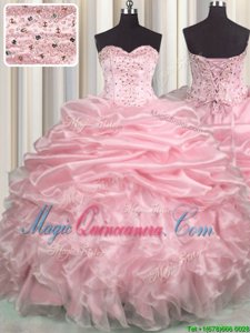 Custom Fit Sleeveless Brush Train Lace Up With Train Beading and Ruffles and Pick Ups Quince Ball Gowns