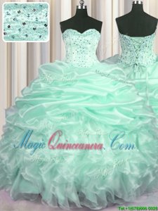 Apple Green Sleeveless With Train Beading and Ruffles and Pick Ups Lace Up Ball Gown Prom Dress