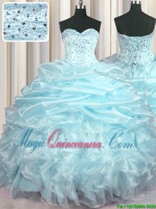 Light Blue 15th Birthday Dress Military Ball and Sweet 16 and Quinceanera and For with Beading and Ruffles and Pick Ups Sweetheart Sleeveless Brush Train Lace Up