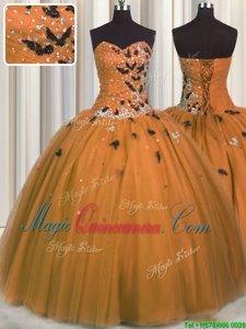 Sleeveless Tulle Floor Length Lace Up Sweet 16 Dress in Rust Red for with Beading and Appliques