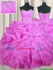 Sweetheart Sleeveless Quinceanera Gown Floor Length Beading and Ruffles and Sequins and Ruching Lilac Organza