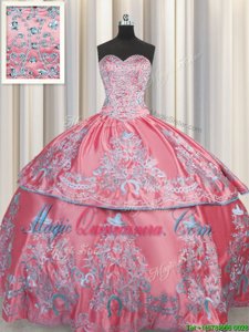 Rose Pink Sleeveless Floor Length Beading and Embroidery Lace Up Ball Gown Prom Dress