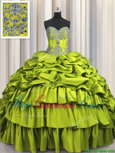 Brush Train Floor Length Yellow Green Quinceanera Dresses Taffeta Sleeveless Beading and Embroidery and Ruffled Layers and Pick Ups