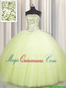 High Class Big Puffy Light Yellow Sleeveless Beading and Sequins Floor Length Quince Ball Gowns