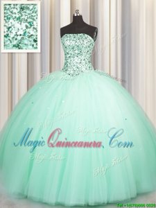 Suitable Sequins Puffy Skirt Ball Gowns Sweet 16 Dress Apple Green Sweetheart Tulle Sleeveless Floor Length Lace Up