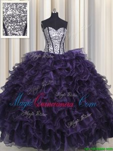 Flare Visible Boning Purple Organza and Sequined Lace Up Sweetheart Sleeveless Floor Length Sweet 16 Dresses Ruffles and Sequins