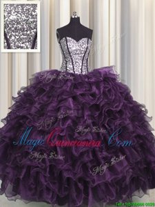Visible Boning Sleeveless Ruffles and Sequins Lace Up Vestidos de Quinceanera