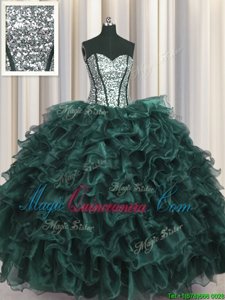 Visible Boning Organza and Sequined Sleeveless Floor Length Quince Ball Gowns and Ruffles and Sequins