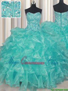 Pretty Floor Length Turquoise Sweet 16 Dress Organza Sleeveless Beading and Ruffles