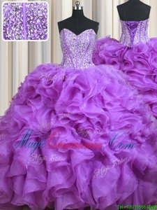 Flirting Sweetheart Sleeveless Organza Vestidos de Quinceanera Beading and Ruffles Sweep Train Lace Up