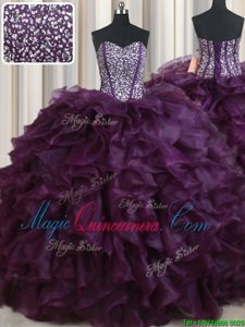 Sleeveless Organza Floor Length Lace Up Vestidos de Quinceanera in Dark Purple for with Beading and Ruffles