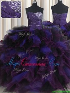 Multi-color Lace Up Quinceanera Gown Beading and Ruffles Sleeveless Floor Length