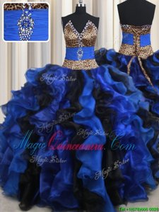 Blue And Black Ball Gowns Organza Strapless Sleeveless Beading and Ruffles Floor Length Lace Up Ball Gown Prom Dress
