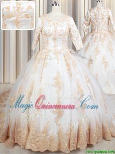 Clearance Scoop White Tulle Zipper Quince Ball Gowns Half Sleeves Court Train Beading and Lace and Appliques