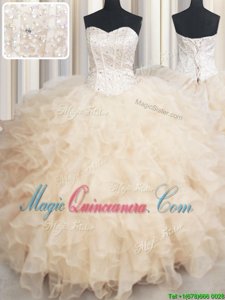 Champagne Sleeveless Floor Length Beading and Ruffles Lace Up Quince Ball Gowns