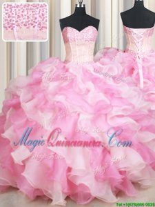 Vintage Sweetheart Sleeveless Sweet 16 Dresses Floor Length Beading and Ruffles Pink And White Organza