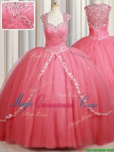 Elegant Straps Straps Cap Sleeves Sweep Train Zipper Beading and Appliques Sweet 16 Dresses
