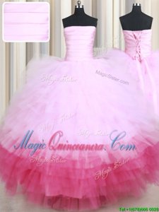 Gorgeous Pink And White Strapless Neckline Ruffled Layers Quince Ball Gowns Sleeveless Lace Up
