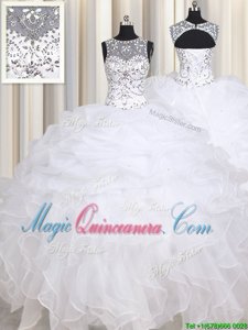 White Ball Gowns Organza Straps Sleeveless Beading and Ruffles Floor Length Lace Up Quince Ball Gowns