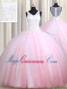 Latest Straps Straps Pink And White Sleeveless Lace Floor Length Quinceanera Gowns