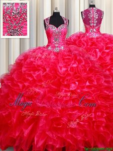 Flirting Straps Sleeveless Sweet 16 Quinceanera Dress Floor Length Beading and Ruffles Red Organza