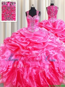 Hot Pink Straps Zipper Beading and Ruffles and Pick Ups Quinceanera Gowns Sleeveless