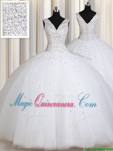 White Ball Gowns Straps Sleeveless Tulle Floor Length Zipper Beading and Sequins Vestidos de Quinceanera
