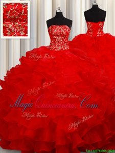 Red Sleeveless Organza Lace Up Quinceanera Gowns for Military Ball and Sweet 16 and Quinceanera