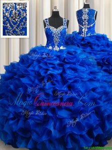 Royal Blue Ball Gowns Organza Straps Sleeveless Beading and Appliques and Ruffles Floor Length Lace Up Sweet 16 Quinceanera Dress